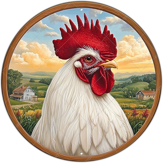 Vintage Chicken Tin Sign Rustic Round Metal Plaque For Farmhouse Porch Outdoor Wall Art Whimsical Yard Decor And Garden Patio Hanging 8 Inch