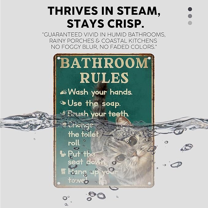 Vintage Cat Tin Sign Bathroom Rules Retro Tabby Metal Sign Funny Cat Lovers Nostalgic Wall Decor Decorations for Home Cafe Shop Toilet Bar Living Room Bedroom 16 * 12In
