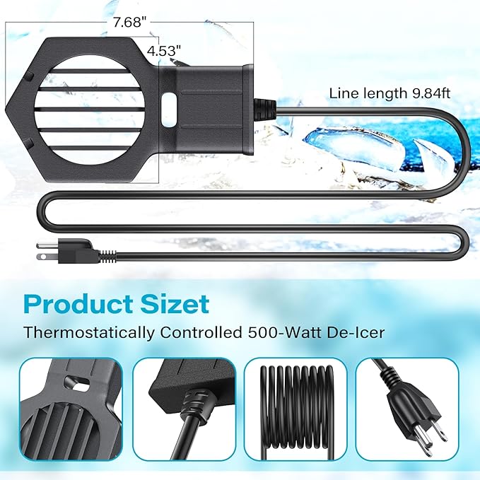 500W Pond Heater Submergible De-icer Cast Aluminum Chicken Water Heater,Stock Tank Heater for Livestock/Horse/Fish/Bird Bath Winter Outdoor, 10ft (500W)