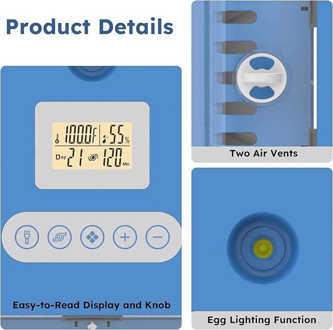 Egg Incubator for Hatching 70 Chicken, Duck, Quail & Goose Eggs – Automatic Egg Turner, Humidity & Temperature Control, Built-in LED Candler, Auto Water Refill, 360° Clear View Digital Poultry Hatcher