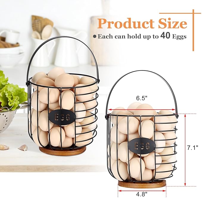 Farmhouse Vintage 7'' Round Metal Wire Egg Basket - Solid Bottom Egg Gathering Holder for Fresh Eggs, Countertop Kitchen Storage (Style 2(Lantern))