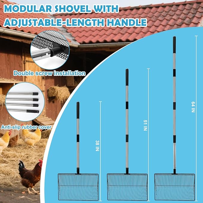 15" Large Chicken Coop Scooper for Sand - Heavy Duty Stainless Steel Poop Scooper with 38-64" Telescoping Handle - Adjustable Poultry Manure Rake & Sifter Shovel for Easy Cleaning