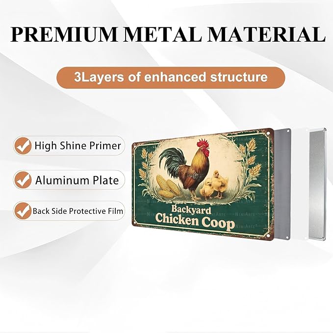 Vintage Backyard Chicken Coop Metal Sign Rustic Farmhouse Wall Art for Hen Houses Barn Doors and Country Kitchen Decor 12X16Inch