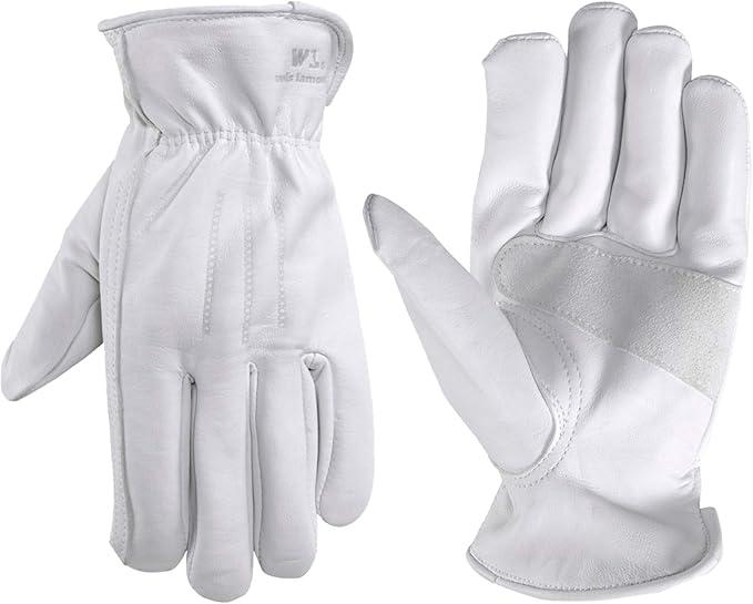 Wells Lamont Men’s Full Leather Goatskin Work Gloves, Reinforced Palm Patch with Elastic Wrist, Soft Grain Leather for Durability, Comfort, and Dexterity