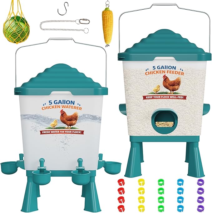 Chicken Feeder and Waterer Set, 5 Gallon Automatic Chicken Waterer with Cups, 40LB Large Chickens Feeders No Waste, Chicken Coop Accessories, Poultry Feeder & Chicken Watering System for Ducks, Quails