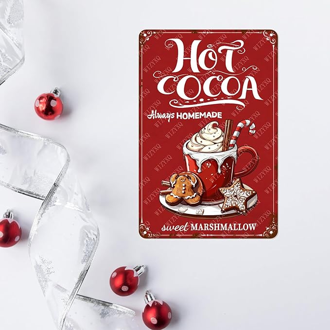 Tin Sign Hot Cocoa Always Homemade Sweet Marshmallow Metal Signs Vintage Christmas Aluminum Sign For Living Room Bar Bedroom Yard Garden Bathroom Decor 12×8 Inch