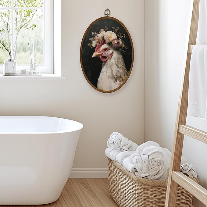 WULQYING Vintage Floral Chicken Wall Art Decor, Country Farmhouse Farm Animal Oval Framed Canvas Art Prints, Cottagecore Floral Chicken Wall Hanging Decor for Home Bedroom Living Room, 8.6x11.4 Inches