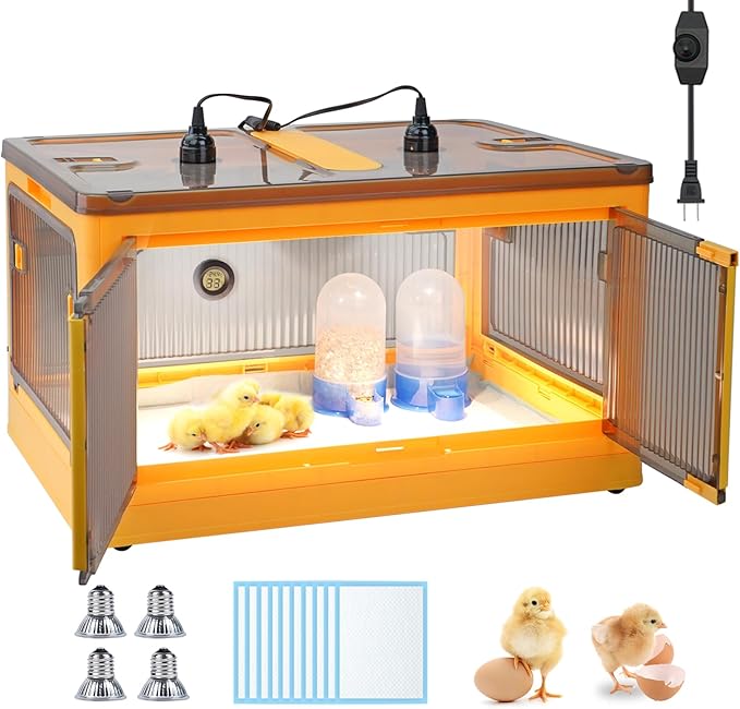 Chick Brooder Box for Chicks, Quail Brooder Box Kit with Heater Feeder and Waterer Set Chicks Warmer for 20 Duckling Parrot Lizard Ducks Bedding Indoor (23.62”x16.53”x13” Yellow)