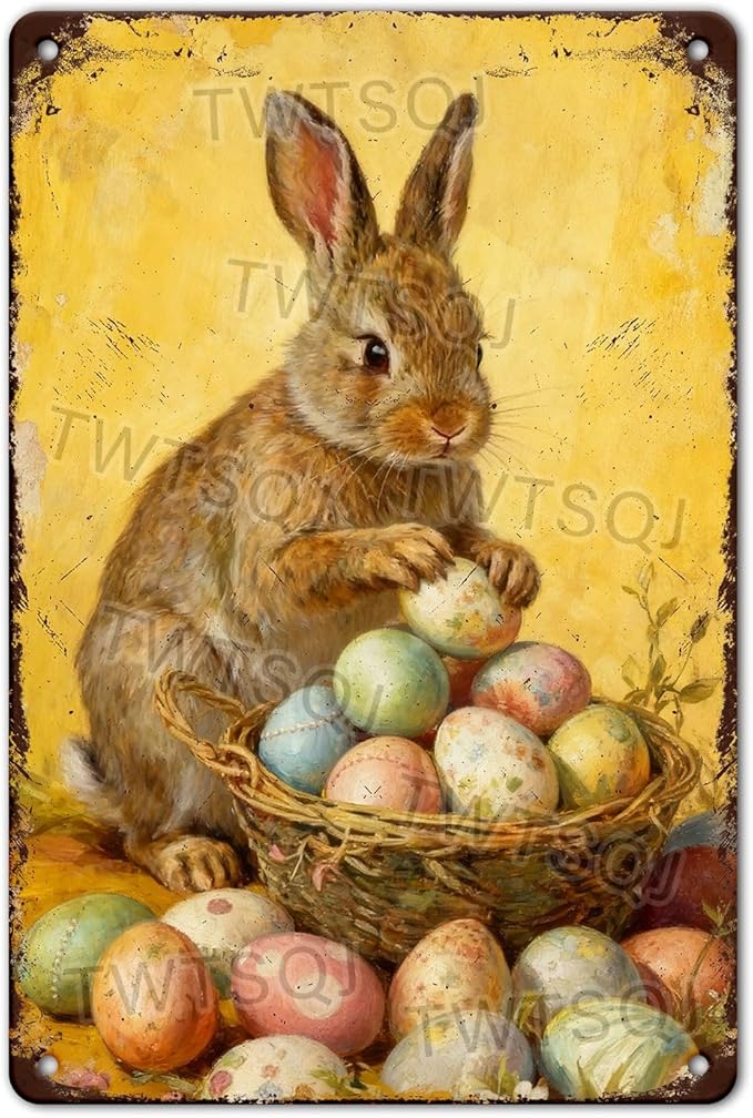 YoyaVex Easter Bunny Metal Sign Vintage Farmhouse Decorative Eggs Rustic Wall Art For Home Cafe Restaurant Garage Patio Garden Decor 8X12Inch