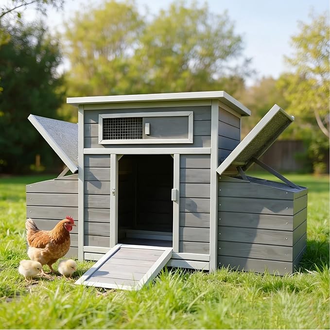 Large Wooden Chicken Coop Outdoor with 2 Sides Nesting Boxes, Window Openable Weatherproof Poultry Cage,Removable Tray Hen House for Farm, Backyard (57.38" L x 33.07" W x 32.87" H)