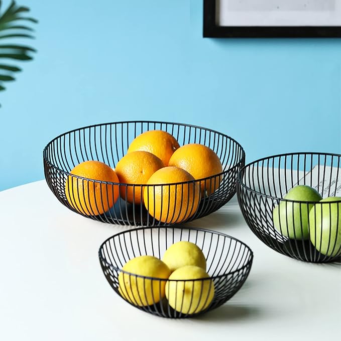 Yesland 2 Pack Metal Wire Fruit Basket- 11 Inches Black Kitchen Countertop Fruit Bowl Vegetable Holder for Bread, Snacks, Households Items Storage for Kitchen, Livingroom