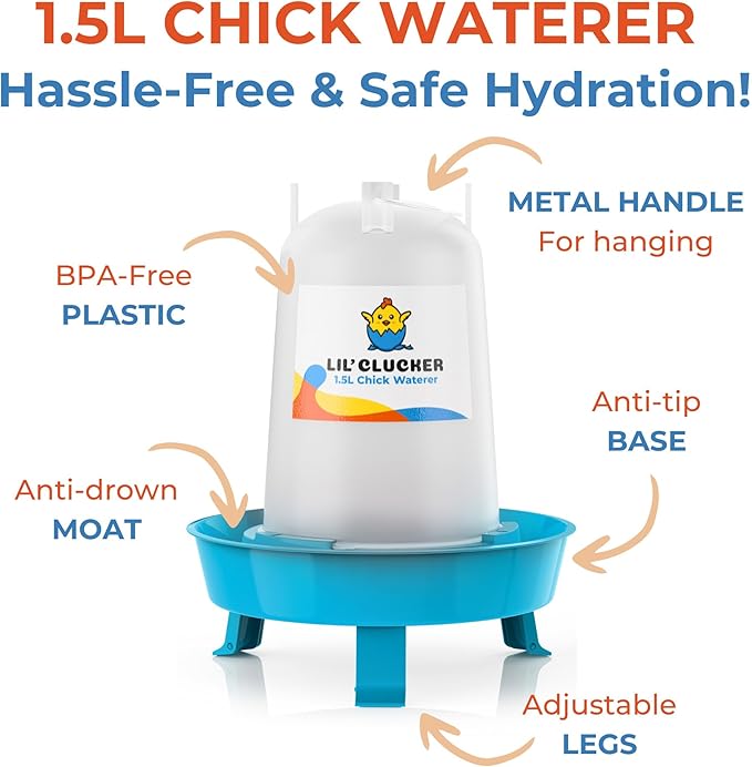 Lil'Clucker 1L Chick Feeder, 1.5L Chicken Waterer - No Leakage Chick Feeder and Waterer Kit, Durable Chicken Water Feeder, Chicken Feeder and Waterer Set, Poultry Waterer (Blue)