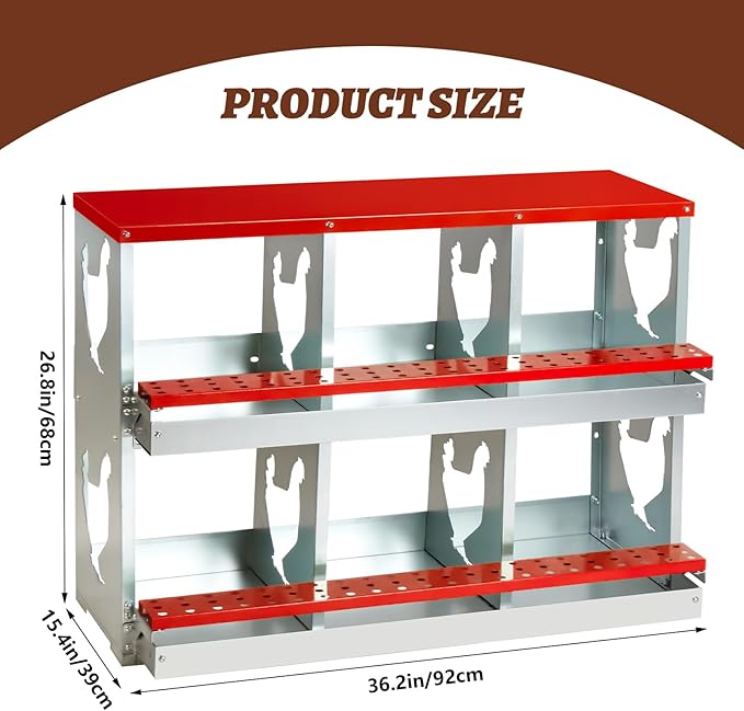 Chicken Nesting Box,Heavy Duty Metal Nest Boxes,6 Hole Roll Away Nesting Boxes,with Large Vented Holes,Wall-Mountable Chicken Coop Nesting Boxes,for Chickens,Ducks,Large Egg Boxes (Red 6 Hole)