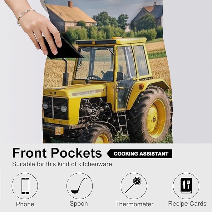 Adult Tractor Farm Apron Waterproof Apron with Large Pocket Adjustable Neck Strap Kitchen Bib Work Aprons Long Ties Cooking Baking Gardening Painting for Women Men