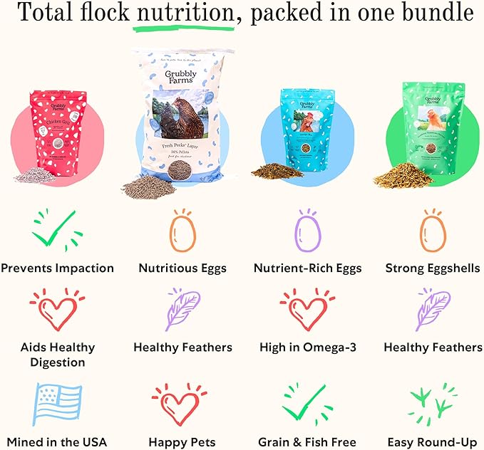 Grubbly Farms Adult Chicken Bundle - Chicken Grit, Fresh Pecks Layer Feed Pellets, Omega Mix & Grubblies - Complete Nutrition, Proper Digestion, Strong Eggshells & Natural Protein Treats - 4 Pack