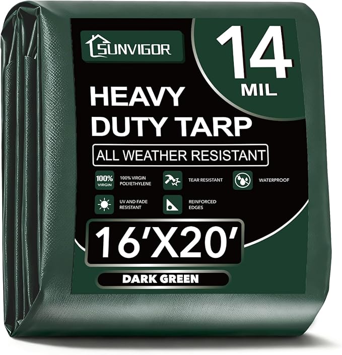 Sunvigor Tarp Waterproof 16x20Ft, Extra Thick 14 Mil Heavy Duty Tarp Cover, Tear & Fade Resistant, Outdoor Tarps with Brass Grommets and Reinforced Edges for Roof, Camping, Patio, Boat (Green)