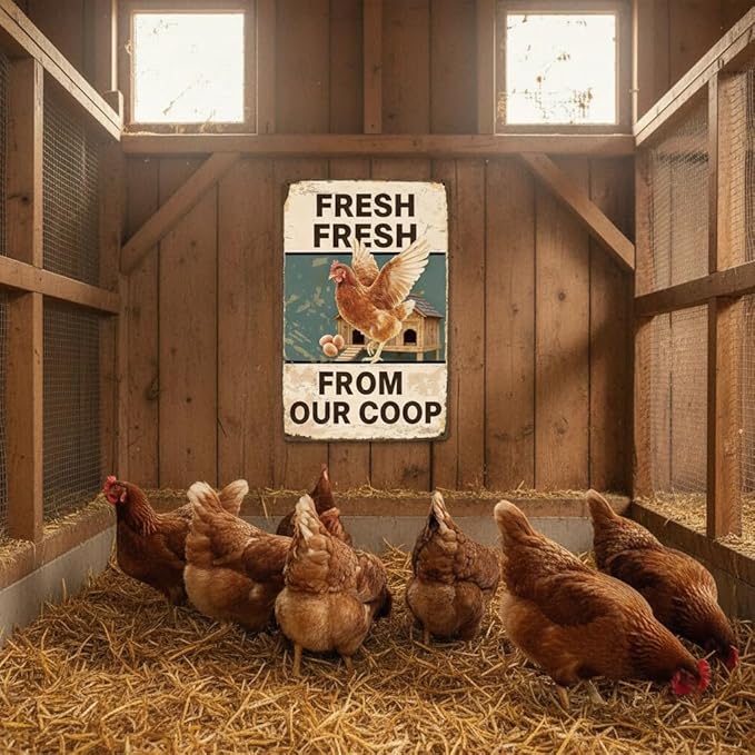 8x12 Inch Farm Chicken Metal Sign - Fresh Eggs Coop Wall Art for Farmhouse, Backyard & Chicken Coop Decor