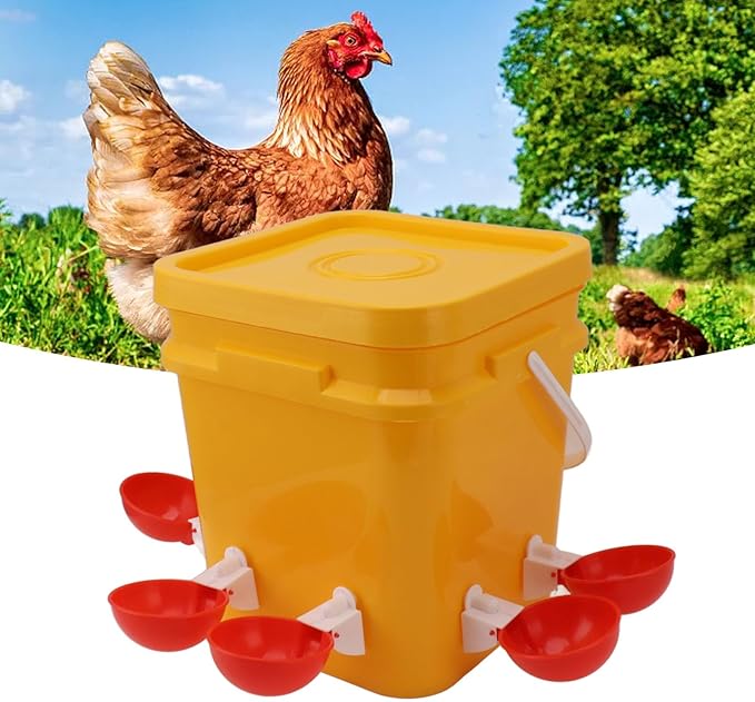 GLOGLOW Automatic Chicken Waterer Bowl, Durable Plastic with Gravity System, 12L Drinker for Chickens, Ducks and Other Poultry (Bucket + Big Red Bowl + Black Screws)