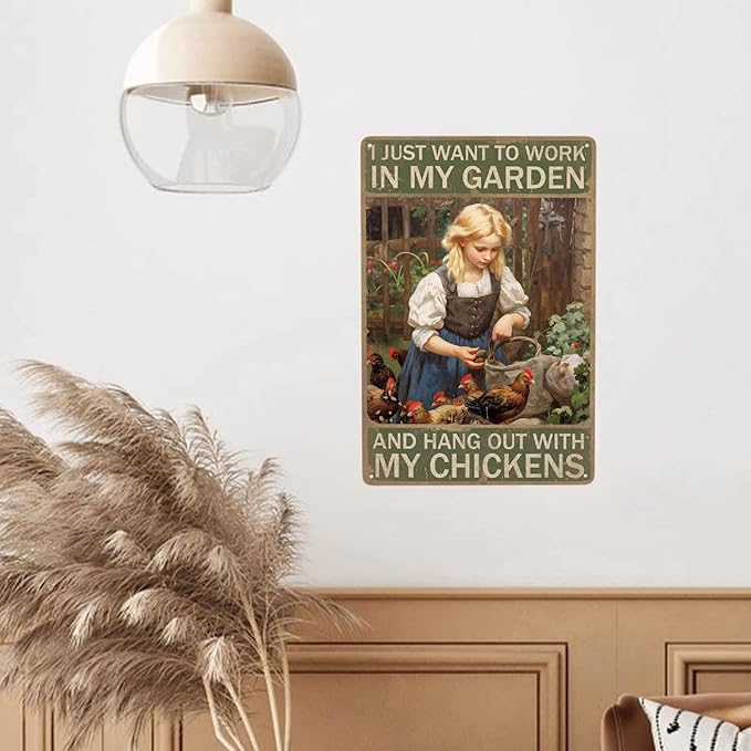 Jocasa Vintage Girl Metal Tin Sign - Chicken Sign For Chicken Coop, 12''X 8''