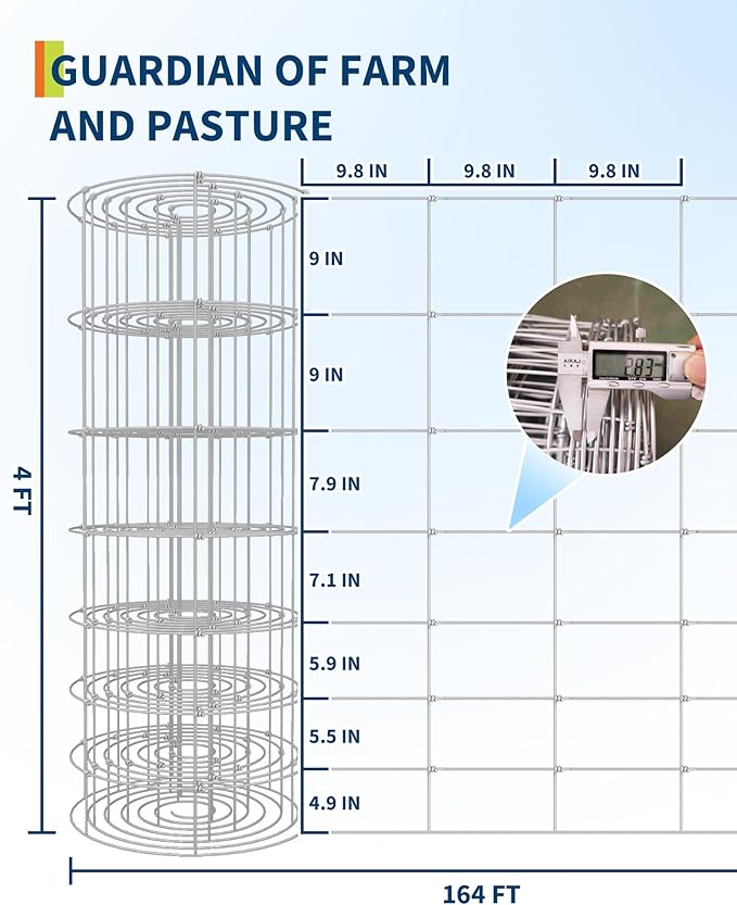 9GA Cattle Farm Fence, 4 ft x 164 ft Galvanized Goat Deer Fence, Heavy Zinc Coating Hog Wire Fencing for Farm Livestock Animals Protection (4 ft x 164 ft)