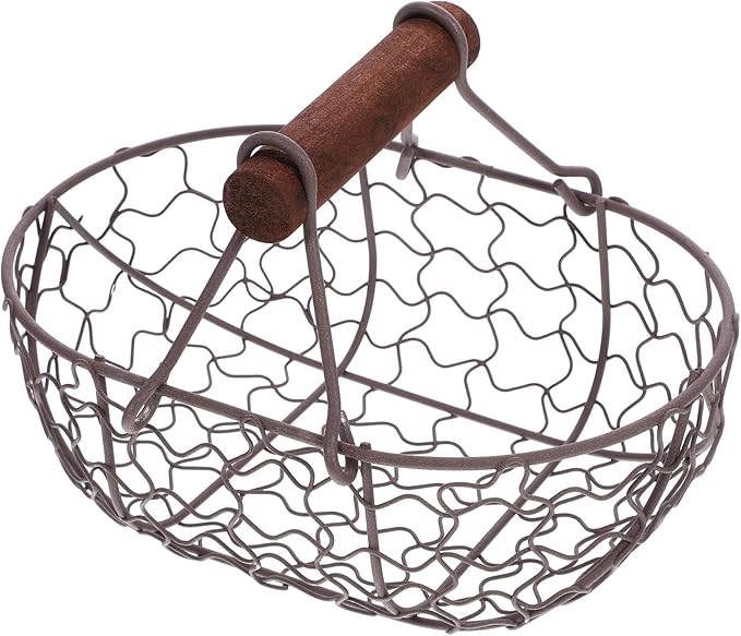 Wire Egg Basket Round Egg Collecting Basket with Wooden Handle for Farm Fresh Kitchen Decor