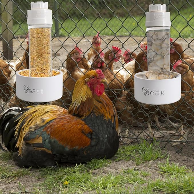 2 Pack Transparent PVC Chicken Feeder, Oyster Shell and Grit Feeder Hanging Ground Chicken Coop Feeder with Hanging Hook for Hens & Chicks (White)