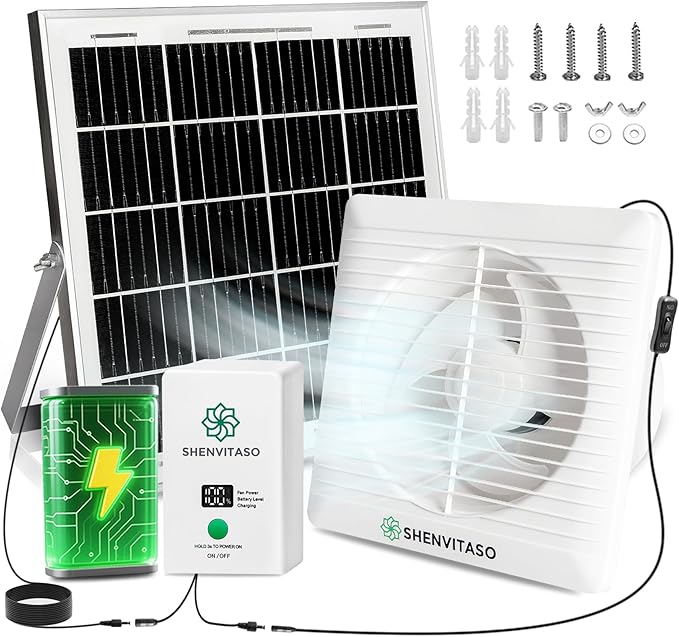 Solar Exhaust Fan with 7500mAh Battery & LCD Display, 25W Solar Panel Vent Fan for Chicken Coop, Greenhouse & Shed, 6" Solar Powered Ventilation Fan, 380 CFM, Ultra Quiet, Day & Night Cooling