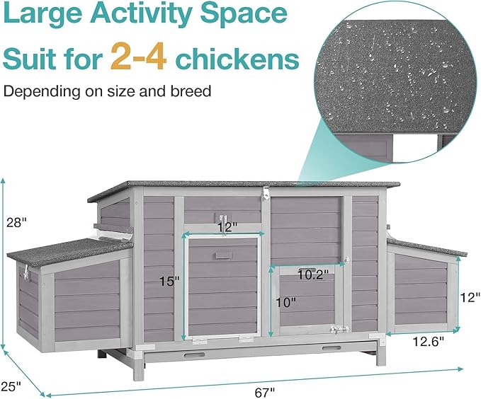 Chicken Coop, Outdoor Hen House Poultry Cage with Nesting Box, Leakproof Pull Out Tray and UV-Resistant Roof (67" L x 25" W x 28" H)