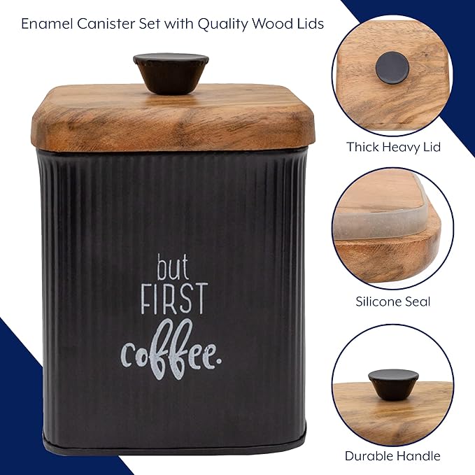 AuldHome Design Farmhouse Black Enamelware Canisters (Set of 3); Storage Containers for Coffee, Tea and Sugar in Black Enamel and Wood Design