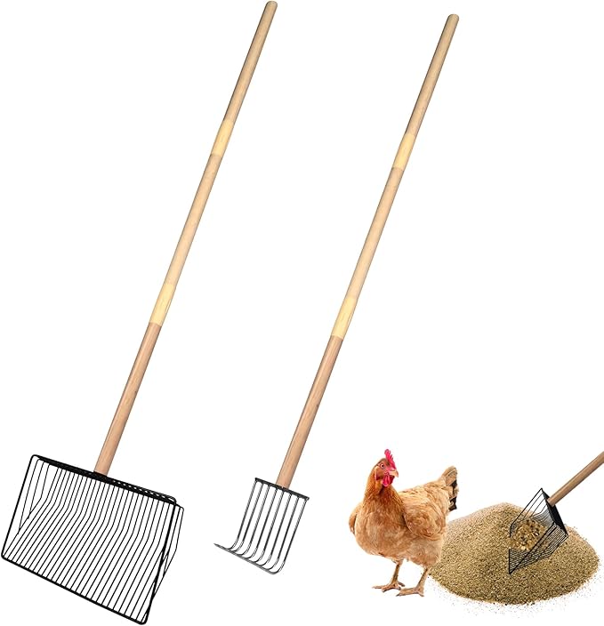 succulentlovers 2 Pack Chicken Poop Scooper & Chicken Coop Rake, Large Metal Chicken Scoop 3 in 1 Sifting Shovel Wooden Handle, Detachable Chicken Coop Cleaning Tools for Chicken Coop Accessories