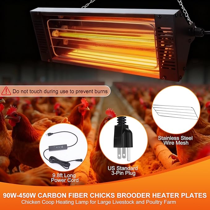 450W Heat Lamp for Chickens, Large Chicken Coop Heater, Carbon Fiber Chicks Brooder Heaters Plate, Adjust 5 Mode Temp&Time&Hanging Height, 9.8 Ft Cord Heater for Poultry Livestock Heating