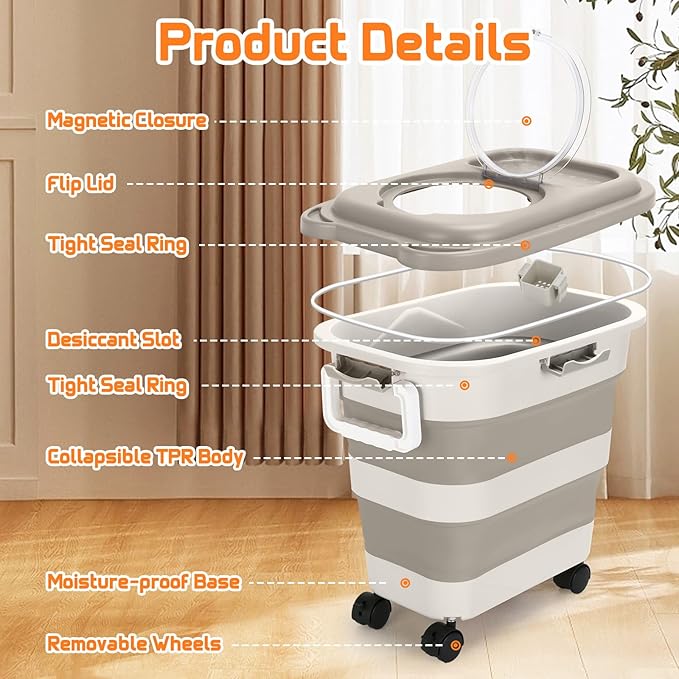 Beyoung 25-28lbs Airtight Dog Food Storage Containers with Wheels and Lids, Collapsible Pet Food Storage Bins with Handle, 50lb Rice Storage Bucket with Scoop, Dry Food Storage Bins (Khaki)