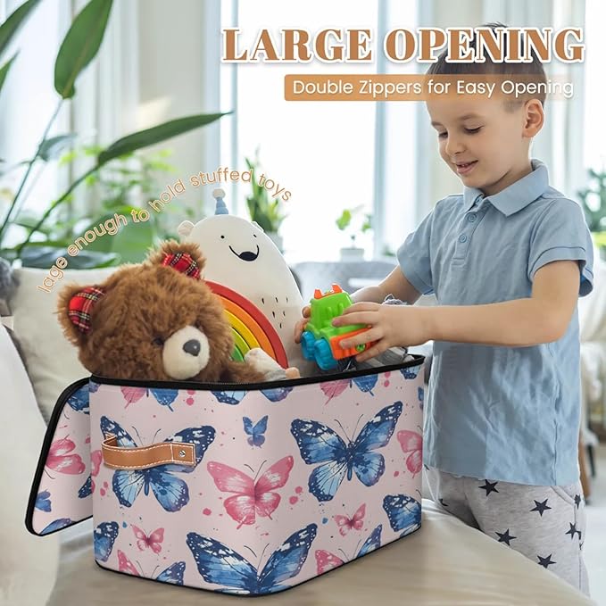 Storage Cubes with Lid Fabric Storage Bins Boxes PU Leather Handles, Colorful Butterfly Closet Organizer Container Foldable Washable Shelf Cloth Basket, Cute Butterfly