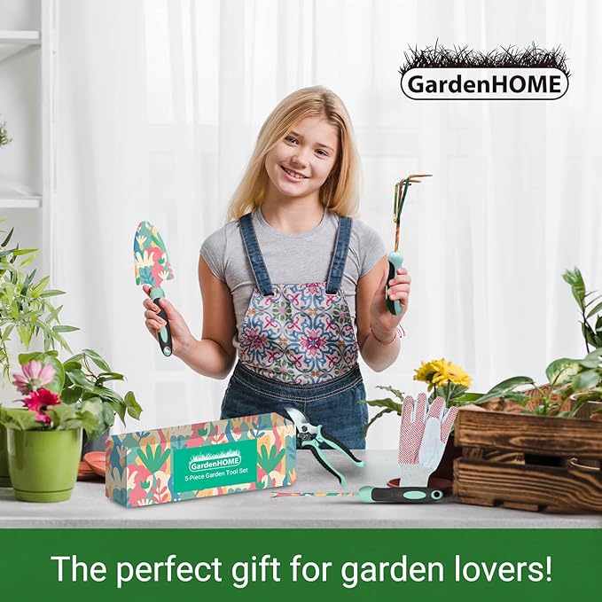 GardenHOME 5-Piece Gardening Tool Kit with Gloves – Durable Floral Garden Tools for Women, Complete Outdoor Garden Set