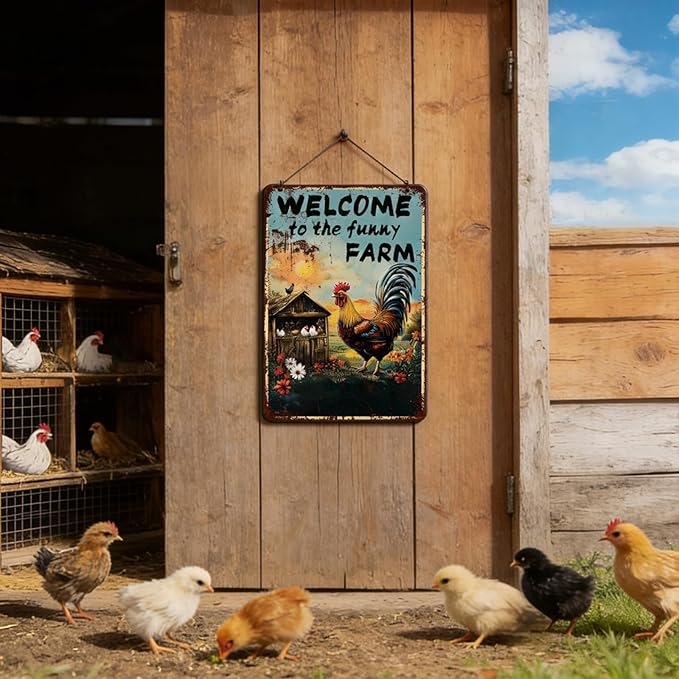 Chicken Decor Vintage Chicken Coop Signs Welcome To My Funny Farm Sign Retro Rooster Decor for Home Garden Outdoor Yard Farmhouse 12x8 Inch