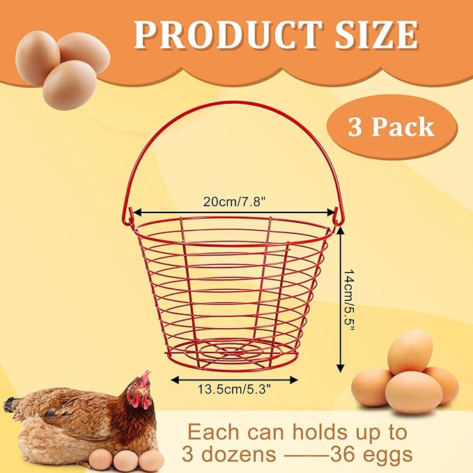 3 PCS 8" Red Round Wire Egg Baskets for Fresh Egg With Handle, Small Metal Collecting Basket for Gathering Fresh Eggs, Chicken and Duck Eggs Hunting Basket Egg-Holder Countertop