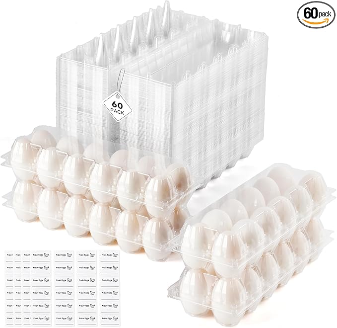 60 Pack Duck Egg Cartons Jumbo Egg Cartons Cheap Bulk with Sticker Labels Clear Empty Plastic Egg Containers Extra Large for Home Ranch Farm Commercial Market Display, 2×6 Grids