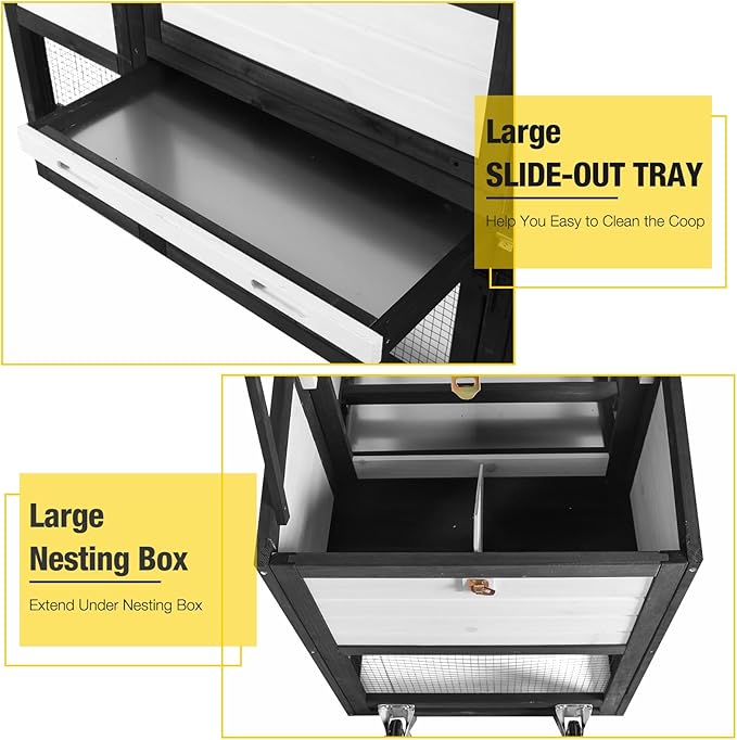 Aivituvin Mobile Chicken Coop with Wheels for 4-6 Chickens, Backyard Expandable Chicken House Duck Cage with Run, 2 Nesting Boxes, Easy Clean Pull-Out Tray, Leak-Resistant Asphalt Roof, 82.4"(Black)