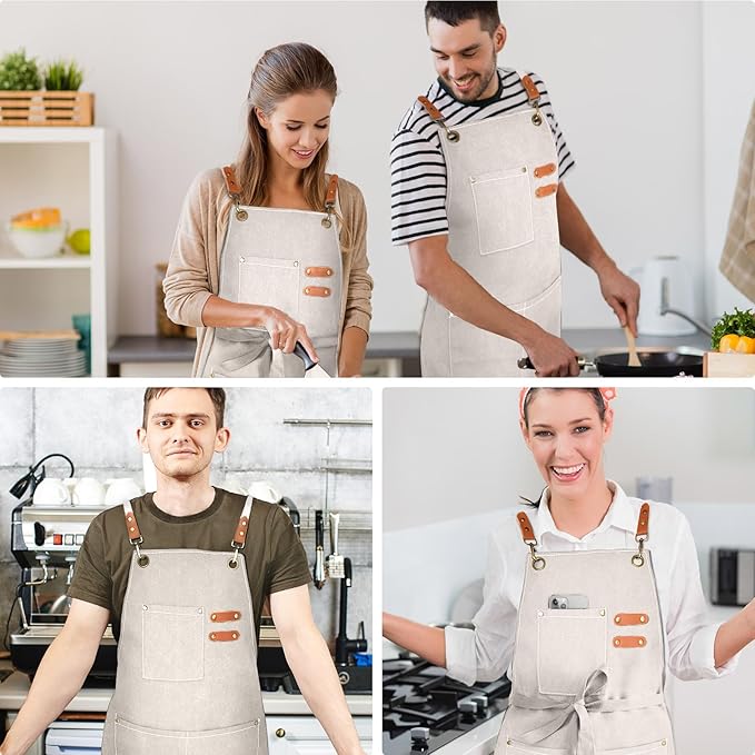 Chef Apron for Men Women Canvas Aprons with 3 Pockets Cross Back Resistant Work Apron for Cooking
