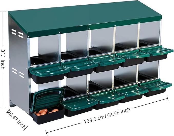 Chicken Nest Box, 10-Compartment Egg-Laying Box, Rolling Tilting Metal Hen House, Convenient for Collecting Eggs - Ventilated Poultry House Equipment - Suitable for Hens, Ducks Green,Without Stand