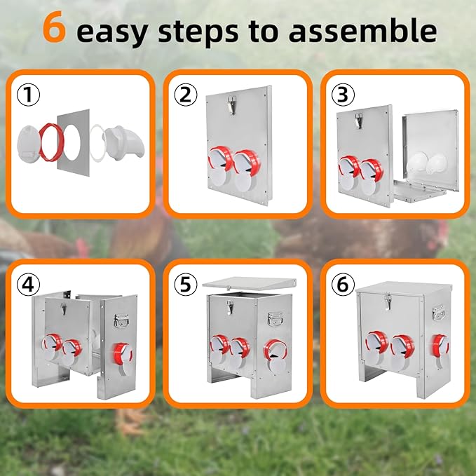 XKV Metal Automatic Chicken Feeder 30LBS with 6 Ports,No Feed Waste,All Seasons Support,Weather-Resistant and Animal-Proof,Suitable for Chicken,Geese,Ducks,Turkeys,Quails