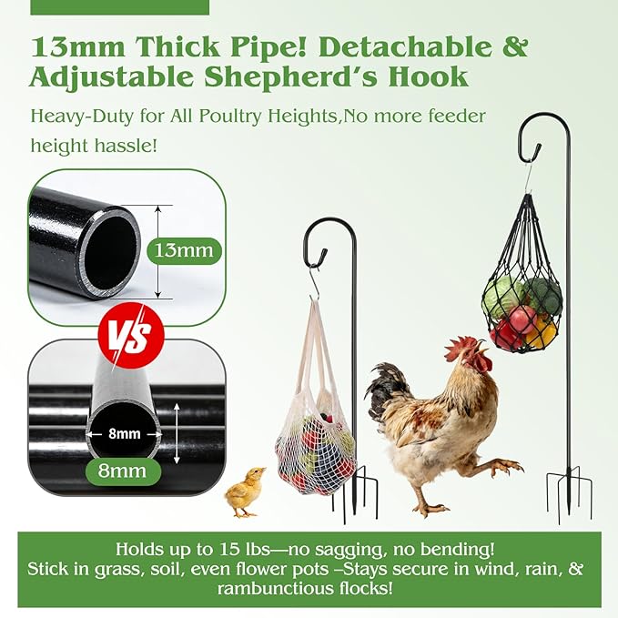 10 Pcs 2 Sets Hanging Chicken Feeder Chicken Coop Toys Accessories Include Dual Size Poultry Vegetable Fruits String Bag Heavy Duty Shepherd's Hook Veggie Treat Ball for Hen Goose Duck