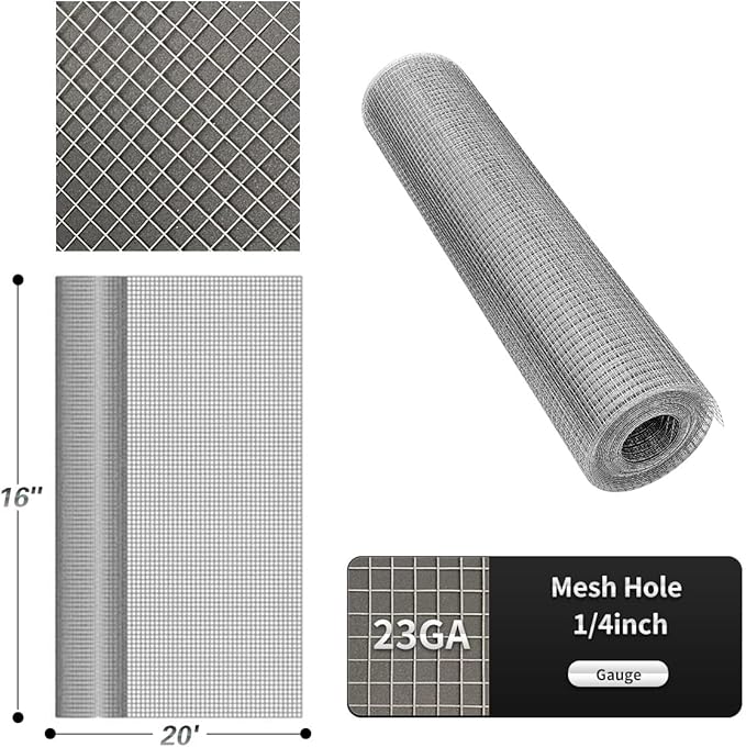 Hardware Cloth 16'' x 20' 1/4 in Galvanized Wire Mesh Roll (23 GA) Chicken Wire Fence Roll for Chicken Pen/coop Fences, Screen mesh, Rabbit/Snake Fences, Poultry enclosures, Handicraft Making, etc.