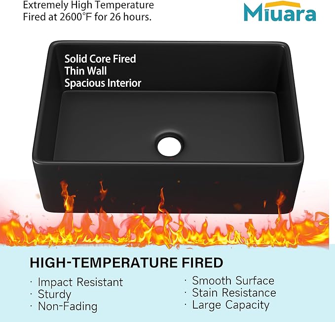 Miuara Black Farmhouse Sink 30 Inch - Apron Front Undermount Kitchen Sink 30"x20"x10", Farm House Style Deep Single Bowl, Heavy Duty Solid Fireclay, Matte Black, for Kitchen