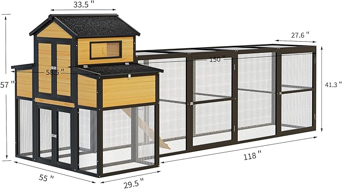 Large Wooden Chicken Coop Outdoor Hen House with Nesting Box，Walk-in Poultry Cage with Secure Locks, Metal Mesh Run for Backyard Farm Use (Black 150")