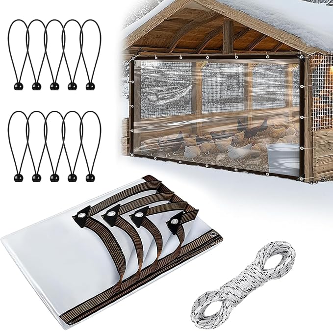 6.6x10Ft Chicken Coop Cover for Winter - Waterproof Durable Chicken Run Tarp with Elastic Cords & Rope, Easy to Install for Large Chicken Cage Walk-in Chicken Run Pen