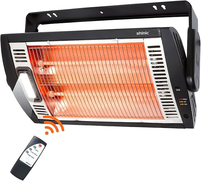 Shinic Electric Garage Heaters with Remote Control, 1500W/750W Ceiling Mounted Radiant Quartz Heater with Work Light, 90° Rotation, 5 Mode Settings, Electric Heater for Garage, Shop, Patio Large Room