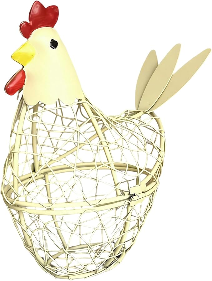 Iron Wire Hen Shape Egg Basket, Egg Holder Farm Fresh Egg Storage Container Decorative, Chicken Decoration for Kitchen Dining (Yellow)