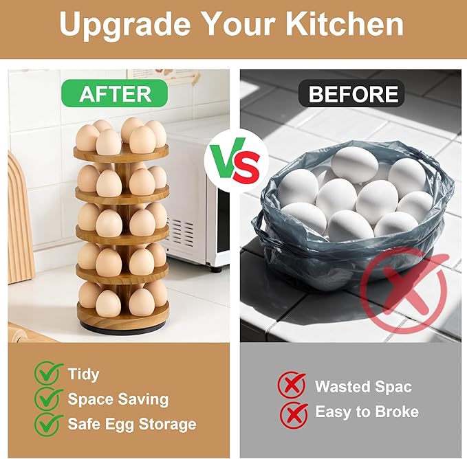 Wooden Fresh Egg Holder Countertop, 5 Layer Rotating Countertop Egg Holder for Fresh Eggs, Stackable with 30 Eggs for Countertop Kitchen-Browm