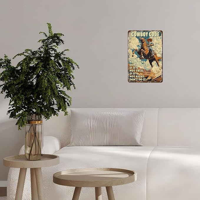 Retro Cowboy Riding Horse Cowboy Code Poster for Home Farm Outdoor Bathroom Restaurant Cafes Bars Club Kitchen Garage Cute Vintage Art Wall Decor 12 * 8inch